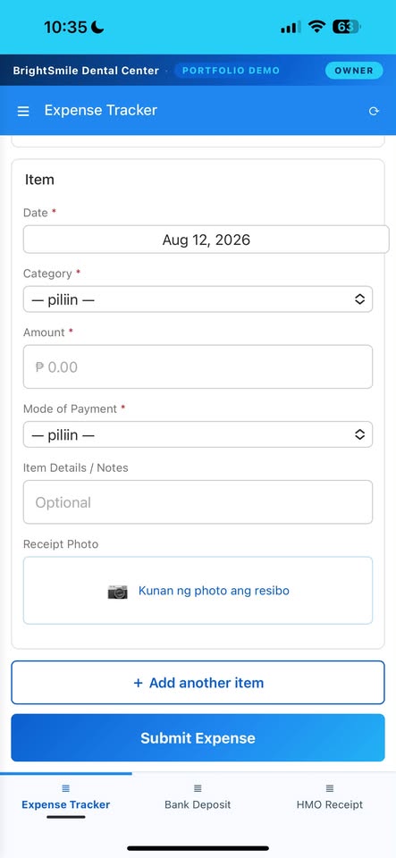 Expense Tracker screen on a phone. Fields for Date, Category, Amount, Mode of Payment and Item Details, a receipt photo capture area, an Add another item button, and a Submit Expense button.