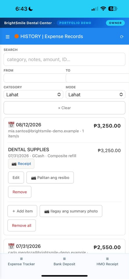 Expense Records screen. A record card dated 08/12/2026 by mia.santos@brightsmile-demo.example for 1 item totalling ₱3,250.00, containing a DENTAL SUPPLIES line item dated 07/31/2026, paid by GCash, noted Composite refill, ₱3,250.00, with Receipt, Edit, replace-receipt and Remove actions.